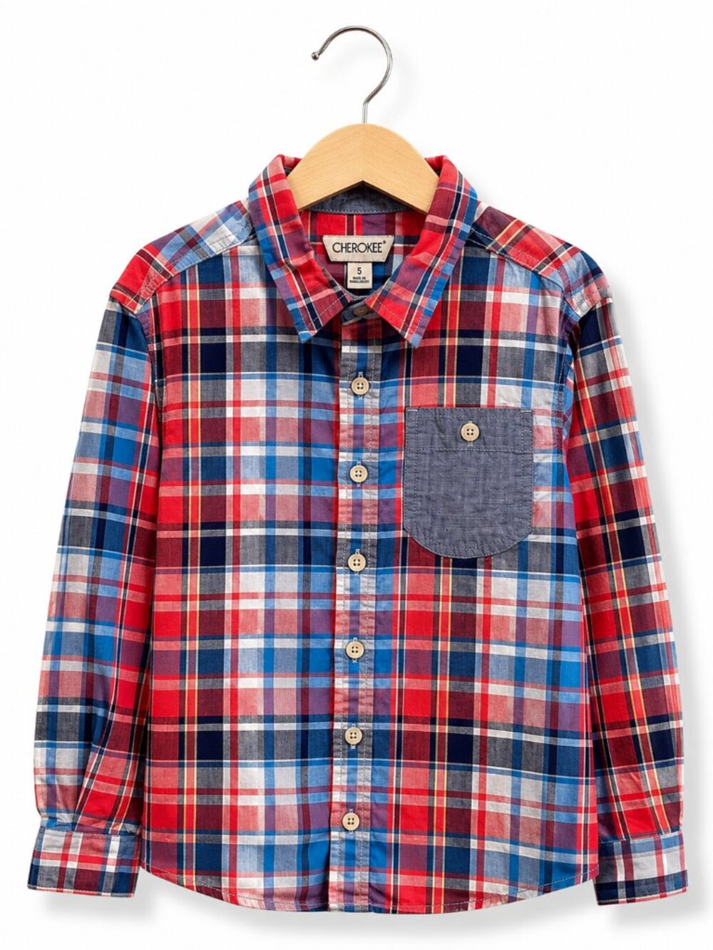 Cherokee Boys Red Blue Plaid Long Sleeve Button Down Shirt Size S 6/7 Cotton